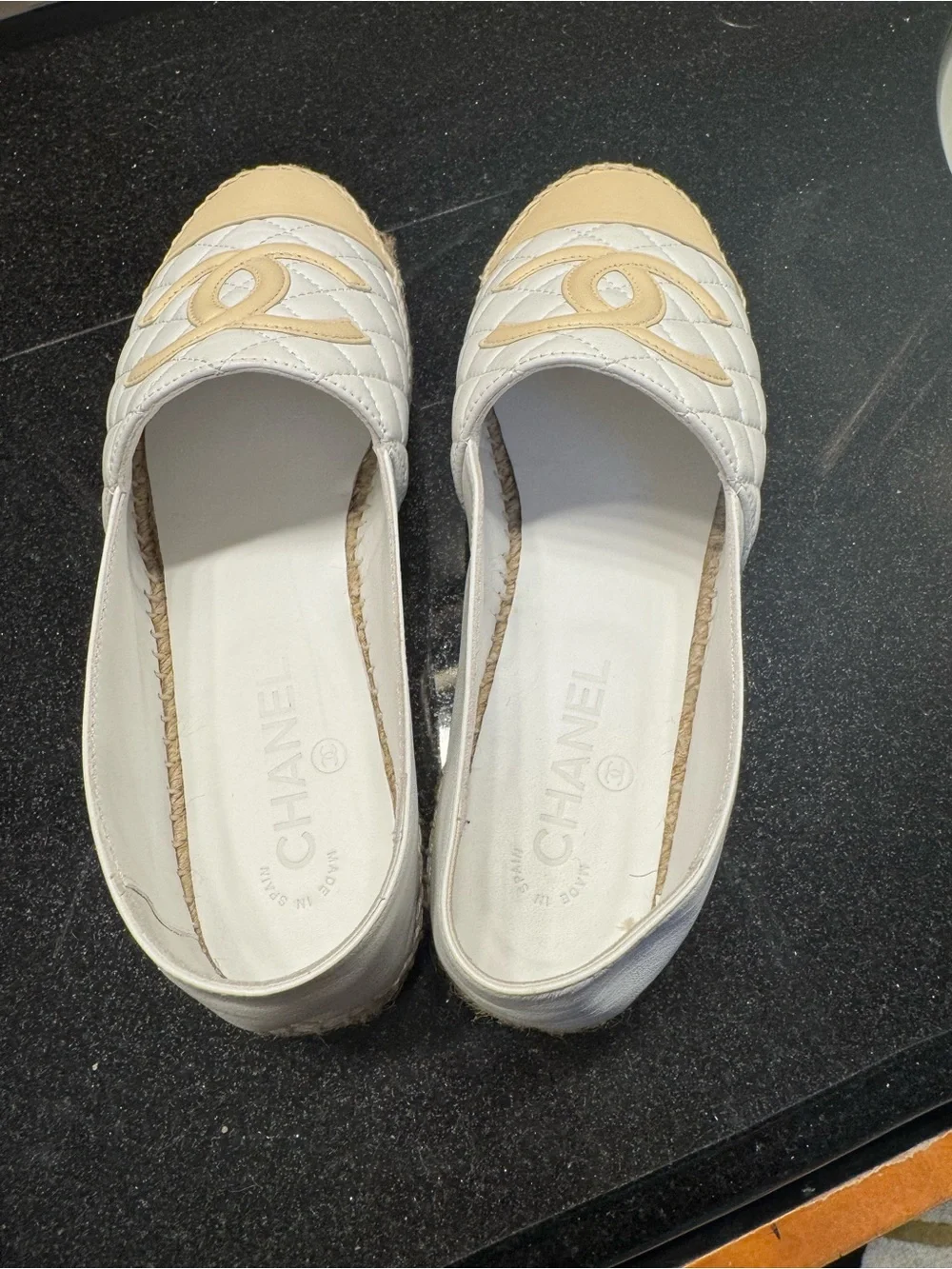 CHANEL White Quilted Espadrilles with Beige Cap Toe and CC Logo